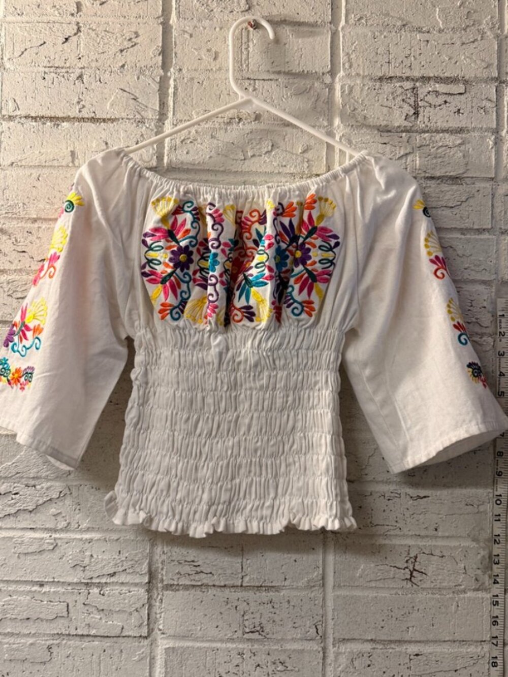 White Fiesta Embroidered Peasant Blouse Floral Smocked Off Shoulder Boho Top